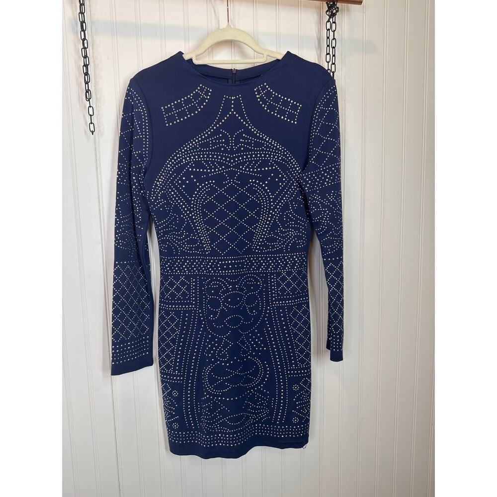 Meaneor Women's Dress Long Sleeve Blue Studded High Neck Bodycon Fitted Size M